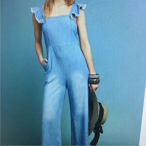 Anthropologie Dolan Chambray Flutter sleeves wide leg Jumpsuit Romper XXS